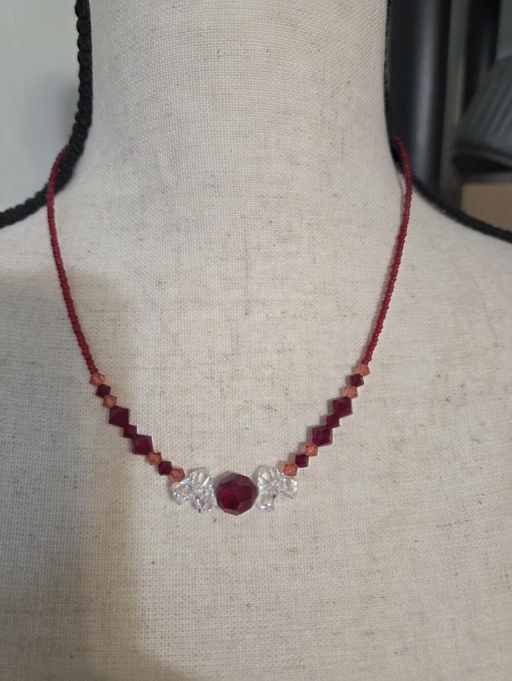 DOL swarovski crystal necklace red bicone seed beads 18in clear accent crystals
